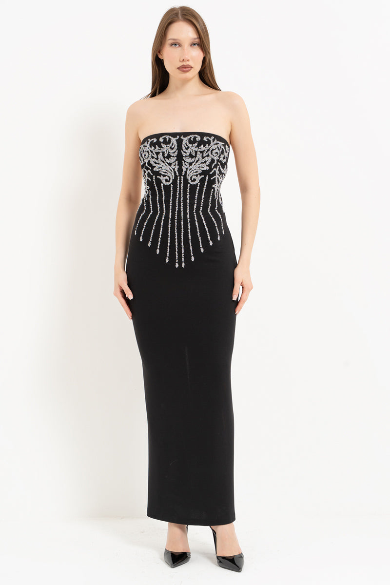 Black–Silver Strapless Dress with Stone Embellishment and Open Back