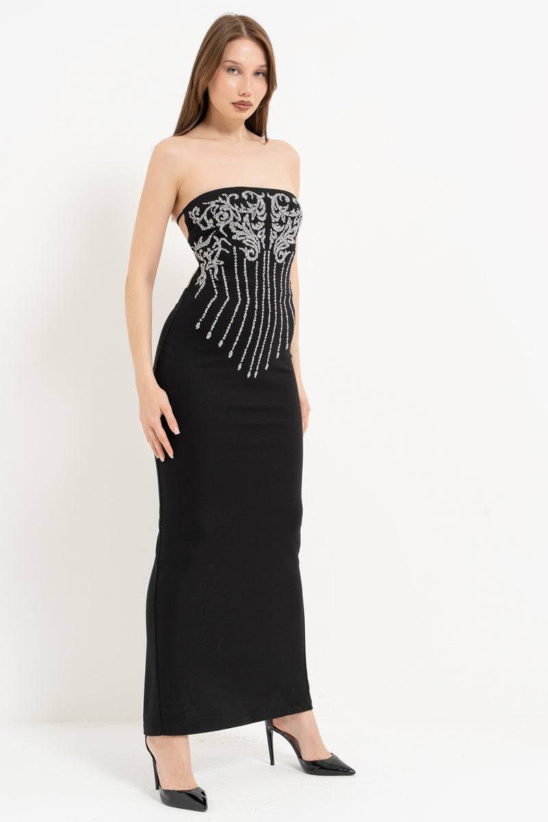 Black–Silver Strapless Dress with Stone Embellishment and Open Back