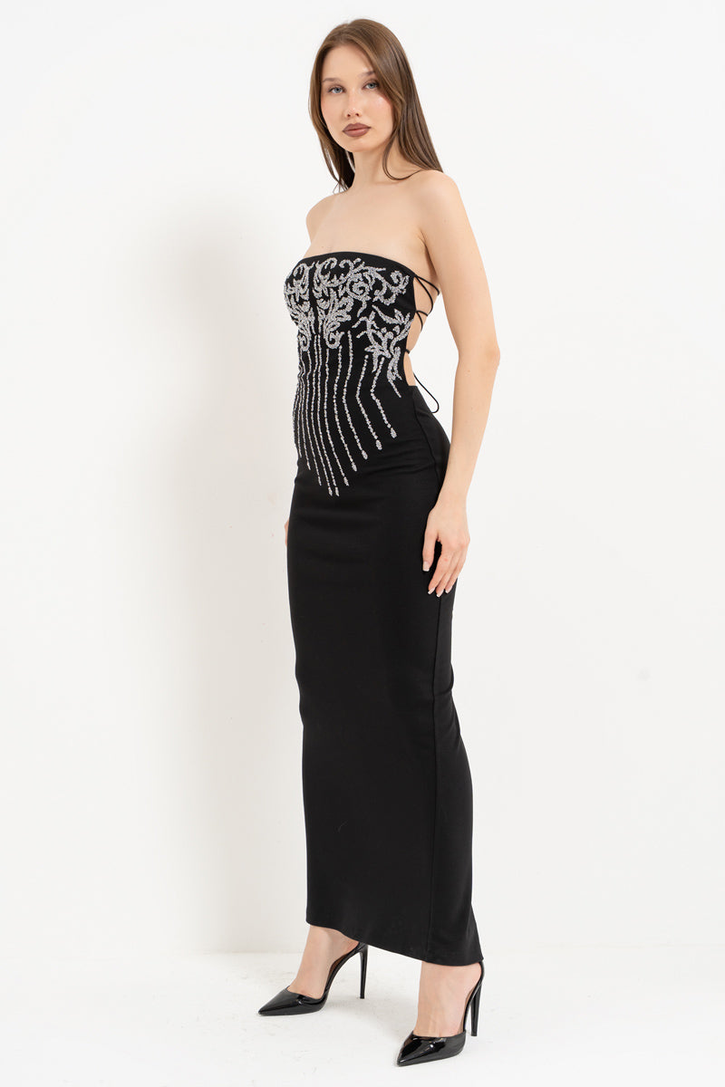 Black–Silver Strapless Dress with Stone Embellishment and Open Back