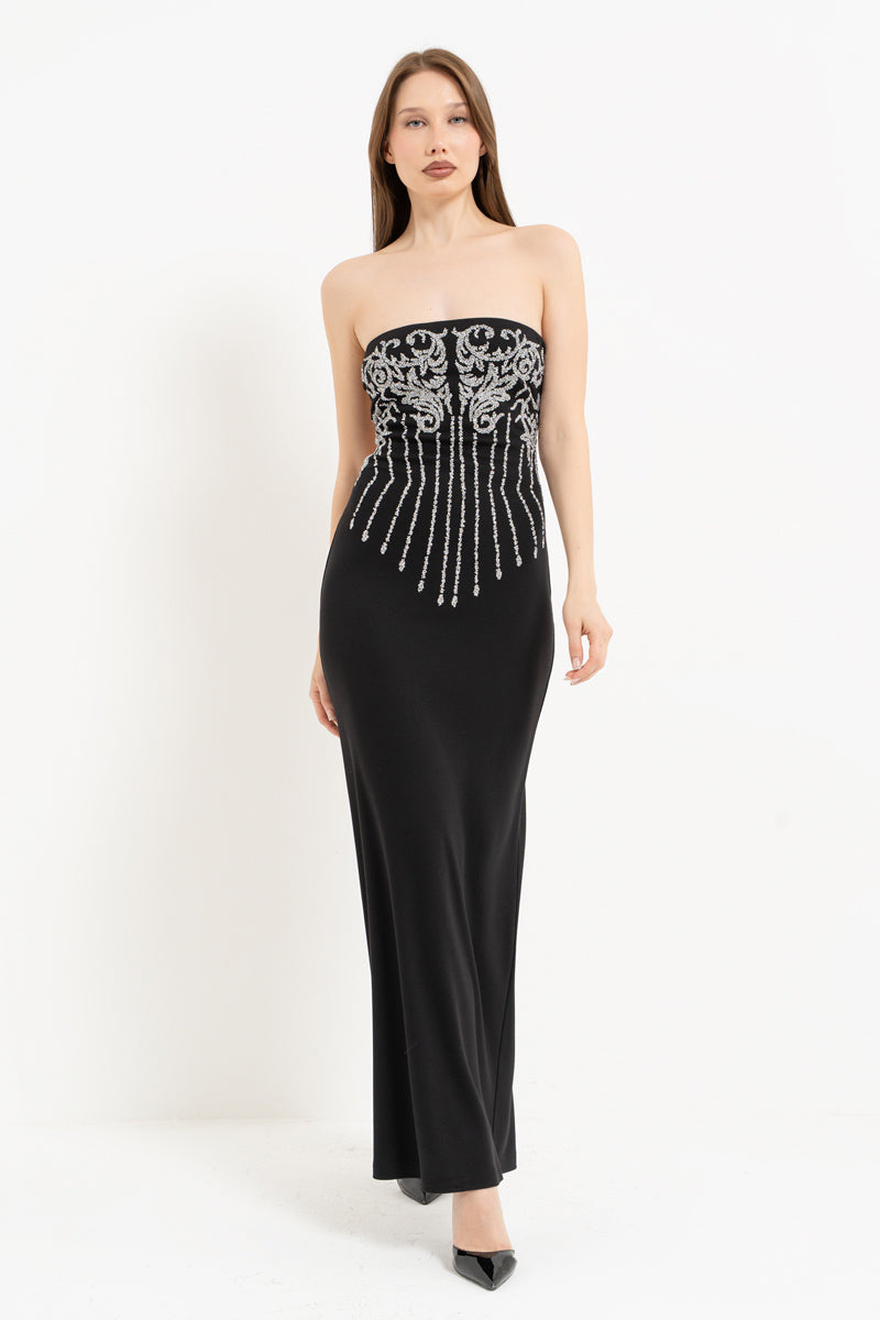 Black–Silver Strapless Dress with Stone Embellishment and Open Back