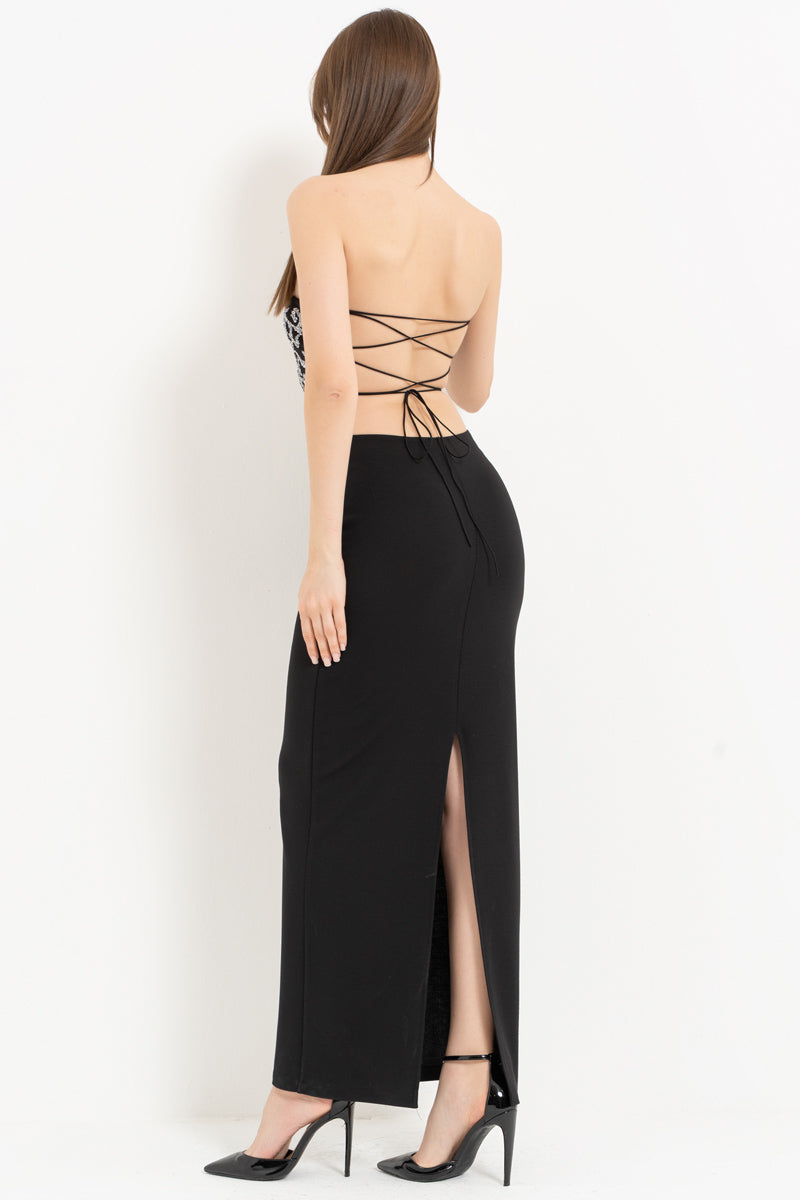 Black–Silver Strapless Dress with Stone Embellishment and Open Back
