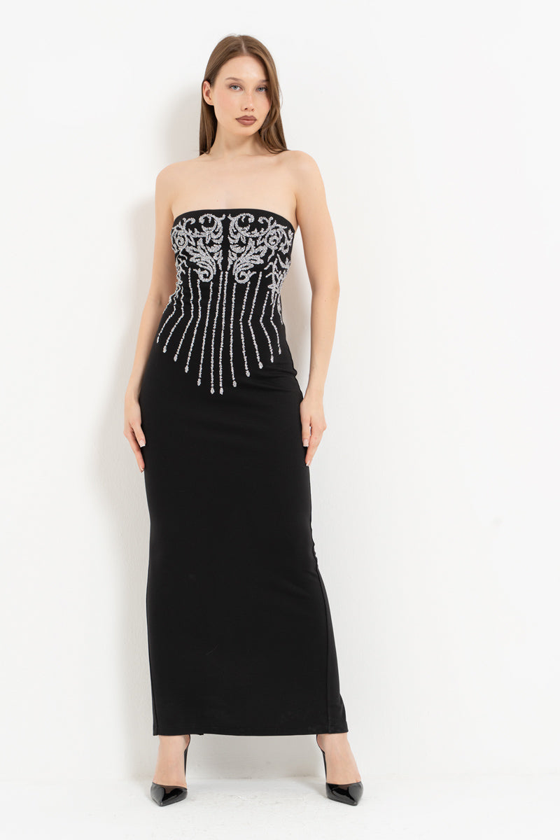 Black–Silver Strapless Dress with Stone Embellishment and Open Back
