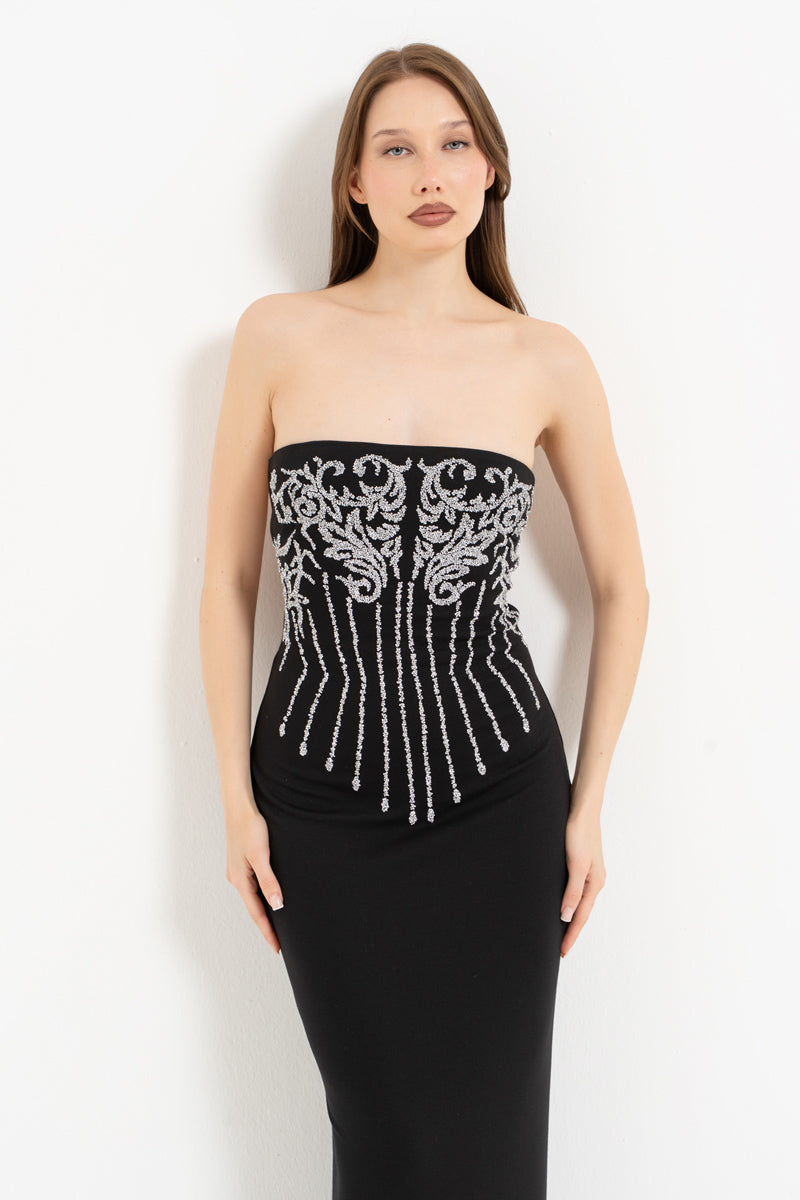Black–Silver Strapless Dress with Stone Embellishment and Open Back