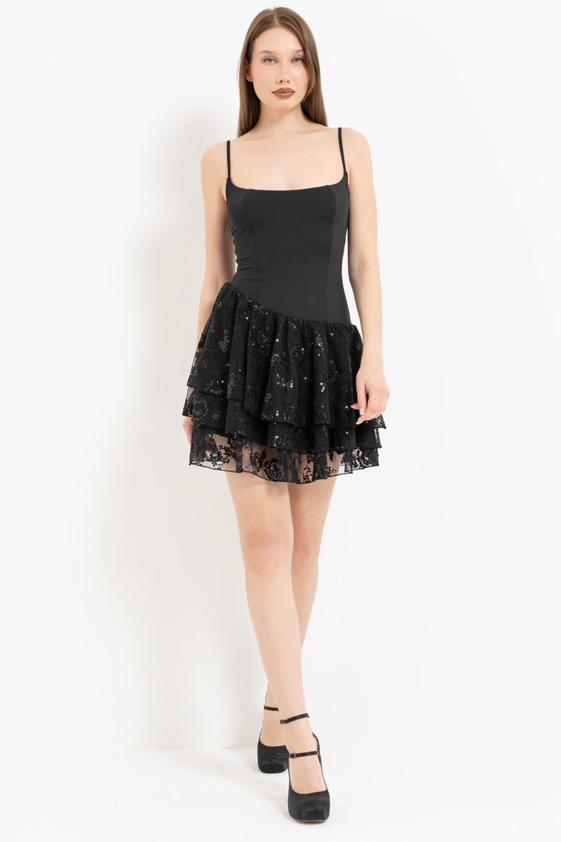 Black Dress with Embroidered Skirt and Spaghetti Straps