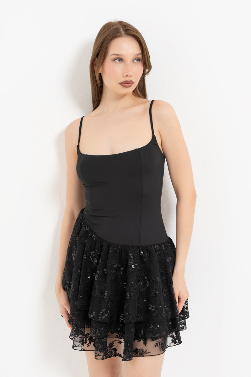 Black Dress with Embroidered Skirt and Spaghetti Straps
