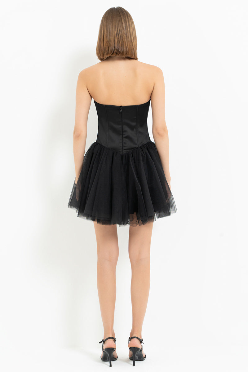 Black-Silver Embellished Strapless Mini Tutu Dress