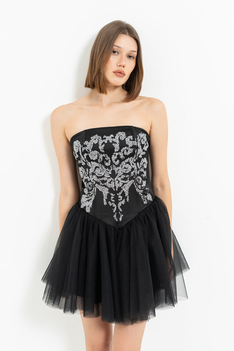 Black-Silver Embellished Strapless Mini Tutu Dress