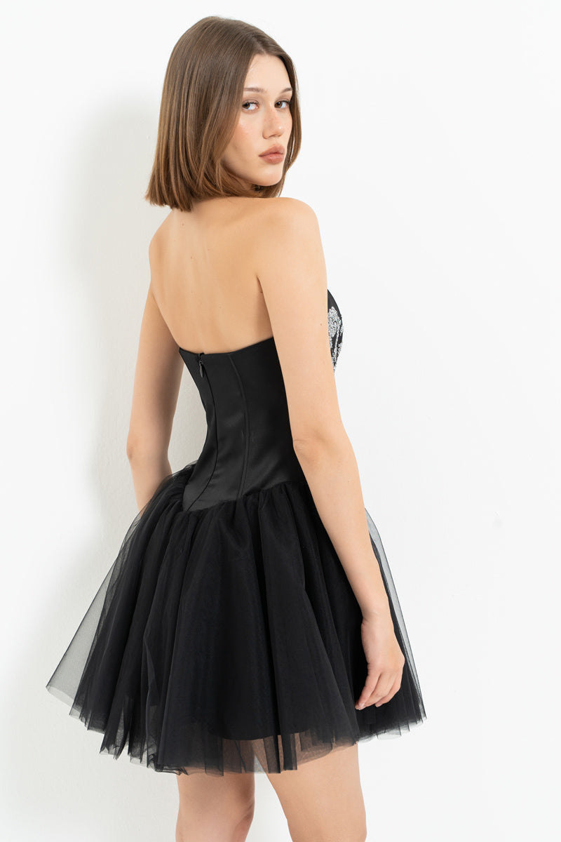 Black-Silver Embellished Strapless Mini Tutu Dress