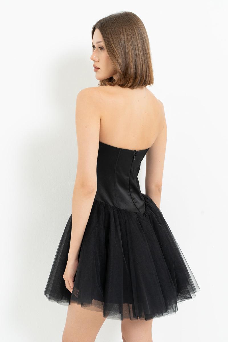 Black-Silver Embellished Strapless Mini Tutu Dress