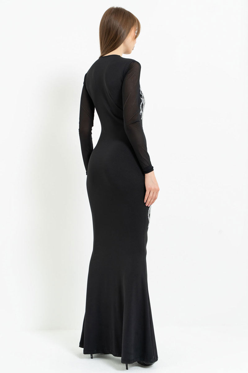 Long Sleeve Tulle Dress with Stone Embellishment Detail