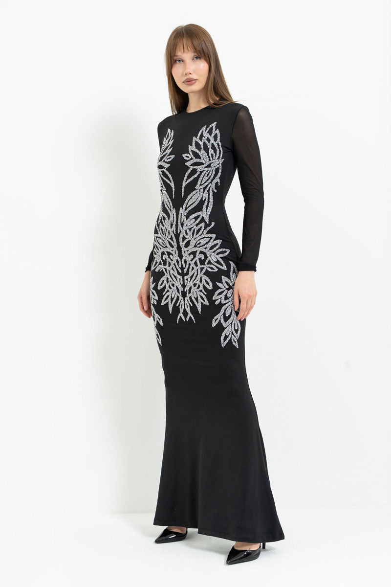 Long Sleeve Tulle Dress with Stone Embellishment Detail