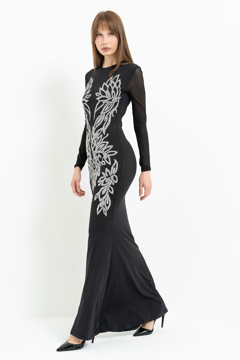 Long Sleeve Tulle Dress with Stone Embellishment Detail
