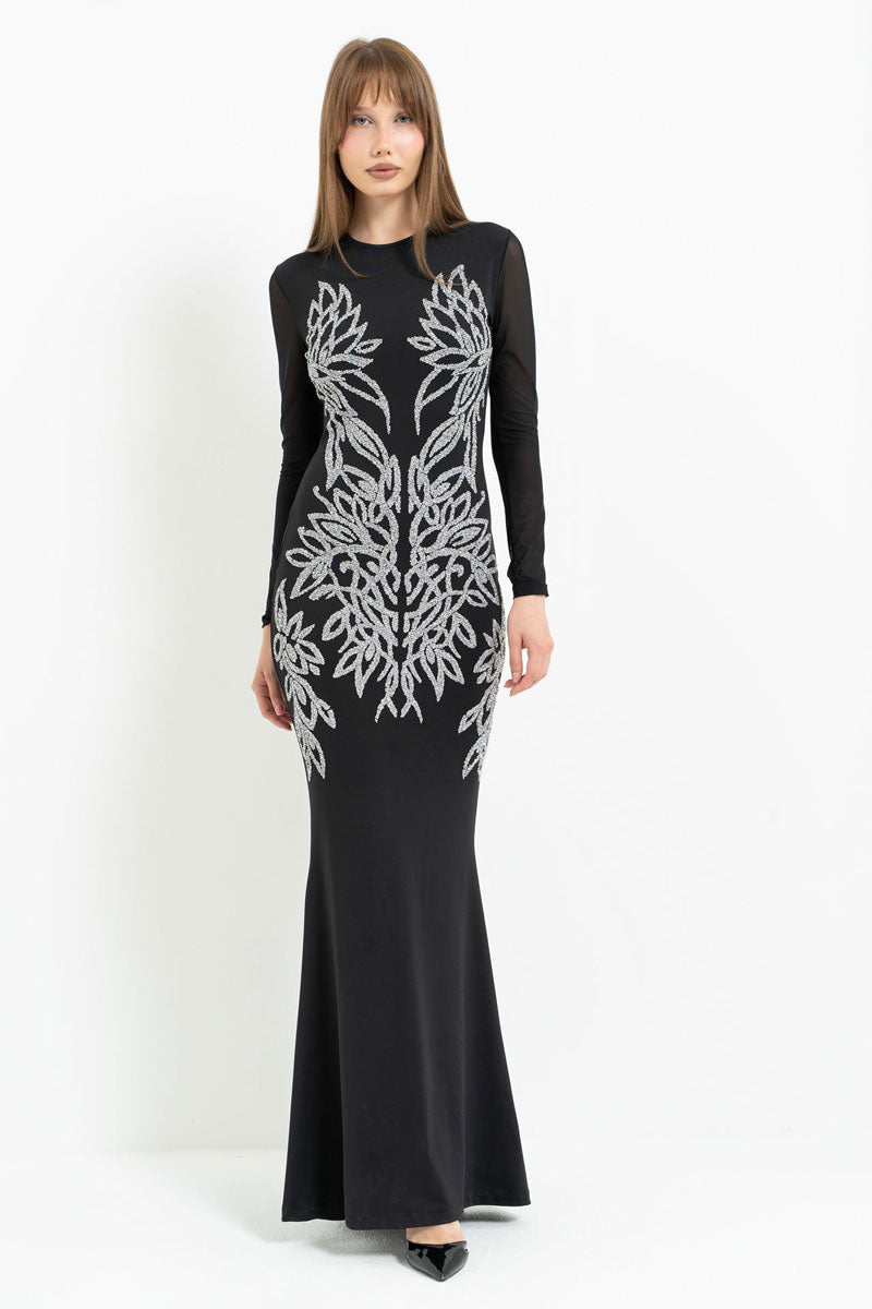 Long Sleeve Tulle Dress with Stone Embellishment Detail