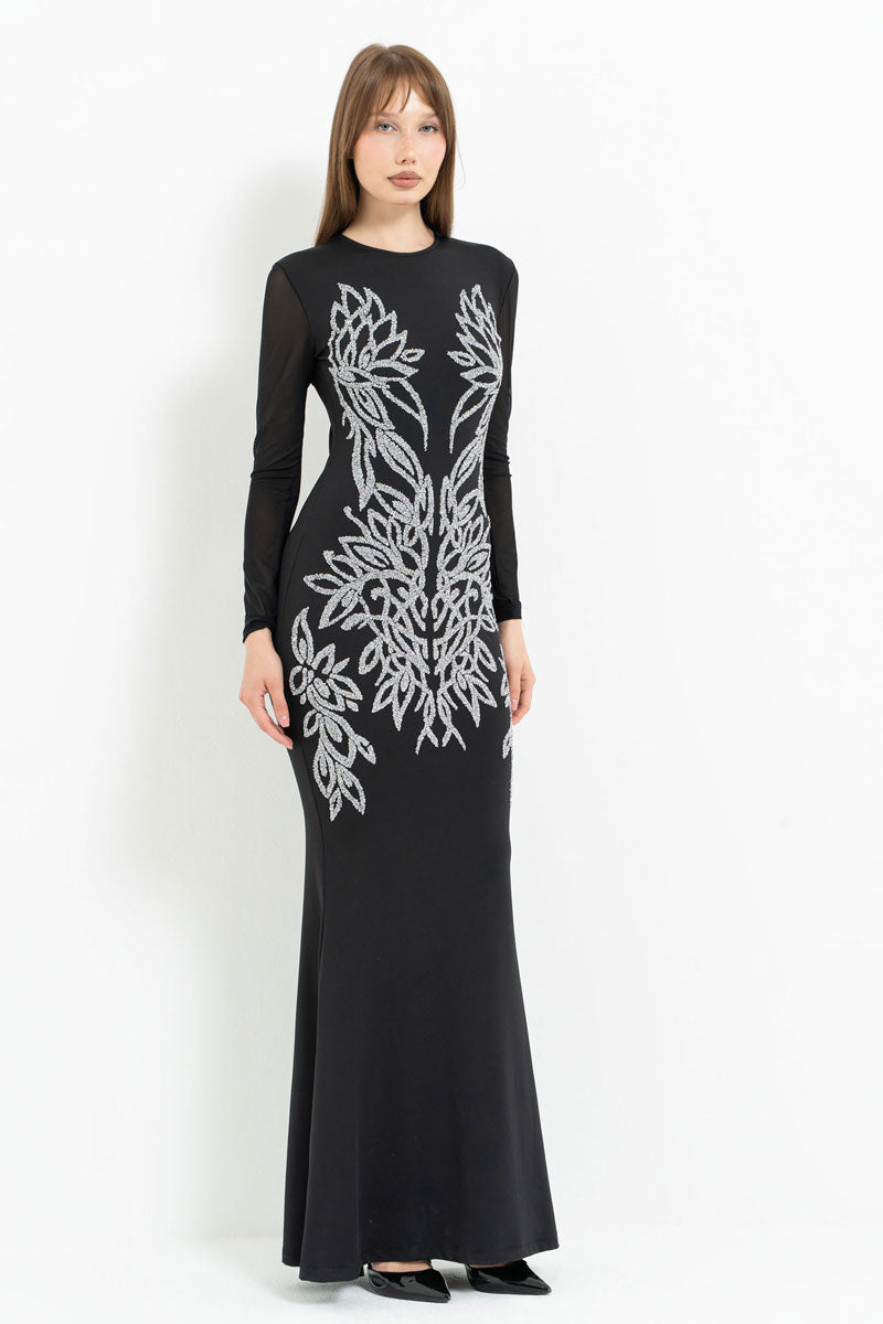 Long Sleeve Tulle Dress with Stone Embellishment Detail
