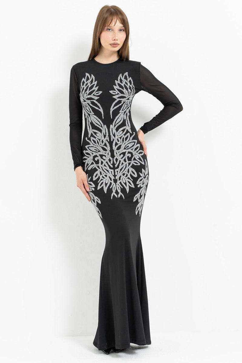 Long Sleeve Tulle Dress with Stone Embellishment Detail