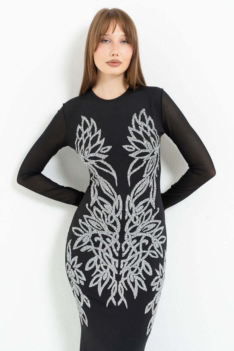 Long Sleeve Tulle Dress with Stone Embellishment Detail