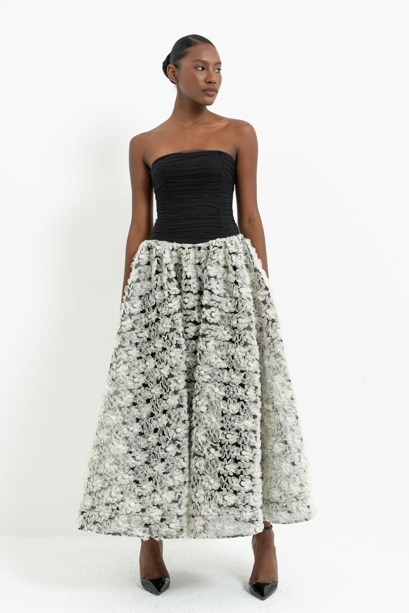 Black-Off-White Strapless Ruched Maxi Dress