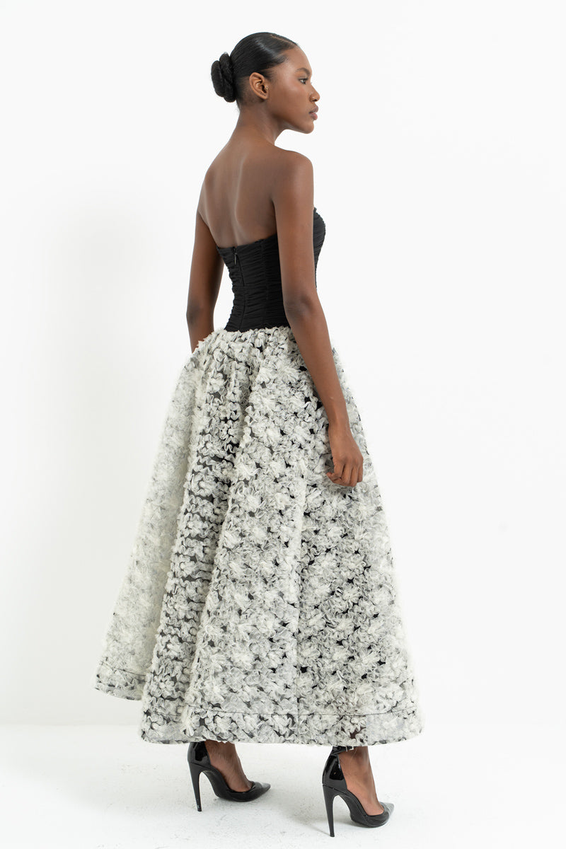 Black-Off-White Strapless Ruched Maxi Dress