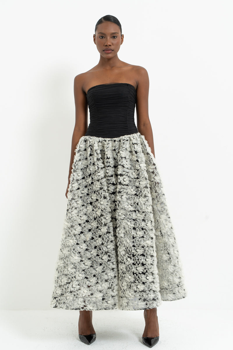 Black-Off-White Strapless Ruched Maxi Dress