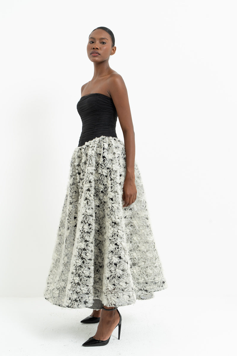Black-Off-White Strapless Ruched Maxi Dress