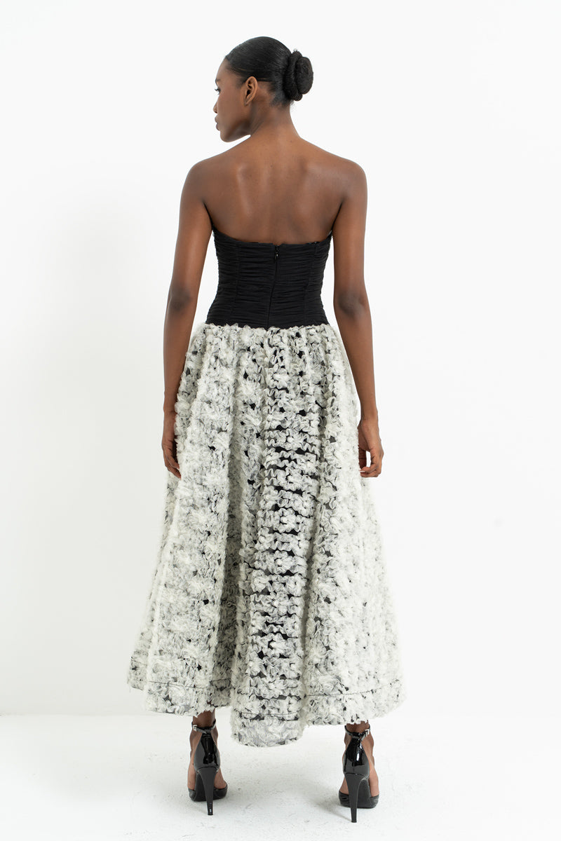 Black-Off-White Strapless Ruched Maxi Dress