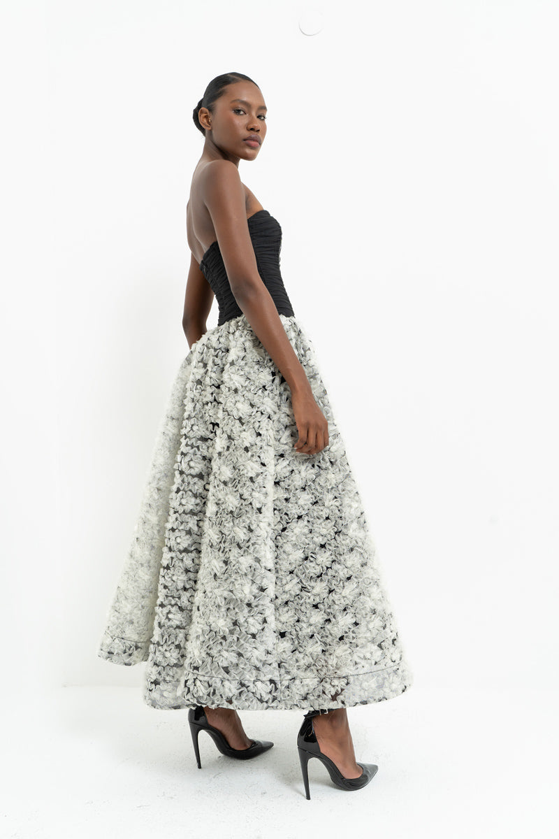 Black-Off-White Strapless Ruched Maxi Dress