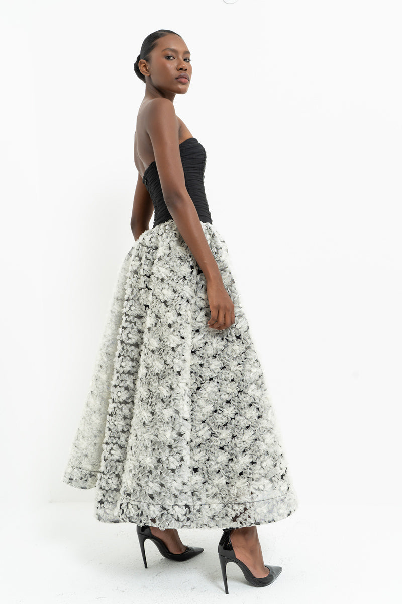 Black-Off-White Strapless Ruched Maxi Dress