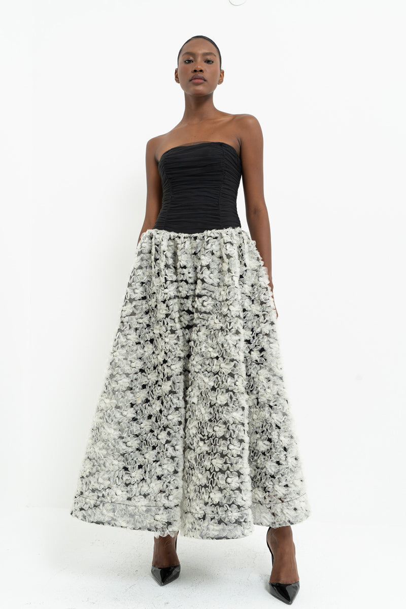 Black-Off-White Strapless Ruched Maxi Dress