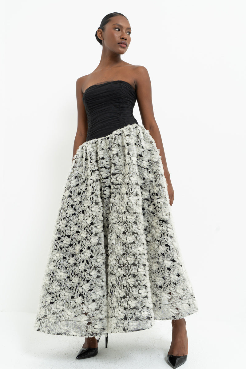 Black-Off-White Strapless Ruched Maxi Dress
