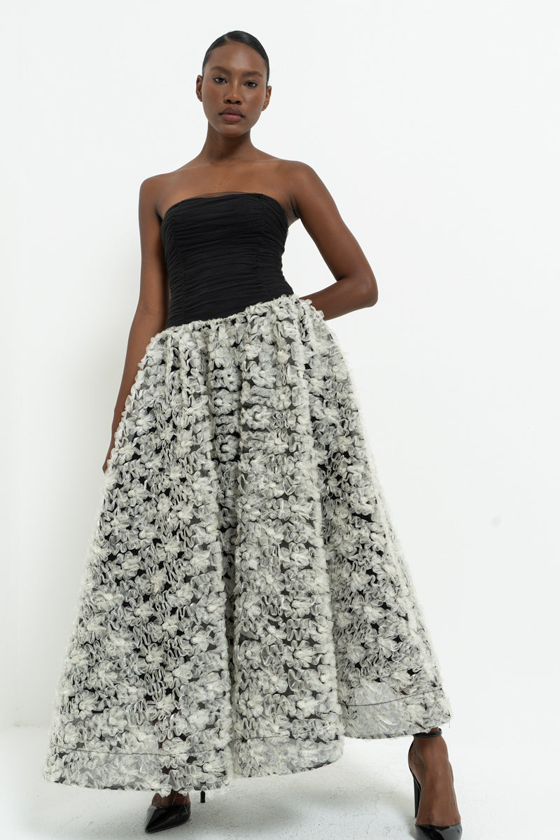 Black-Off-White Strapless Ruched Maxi Dress