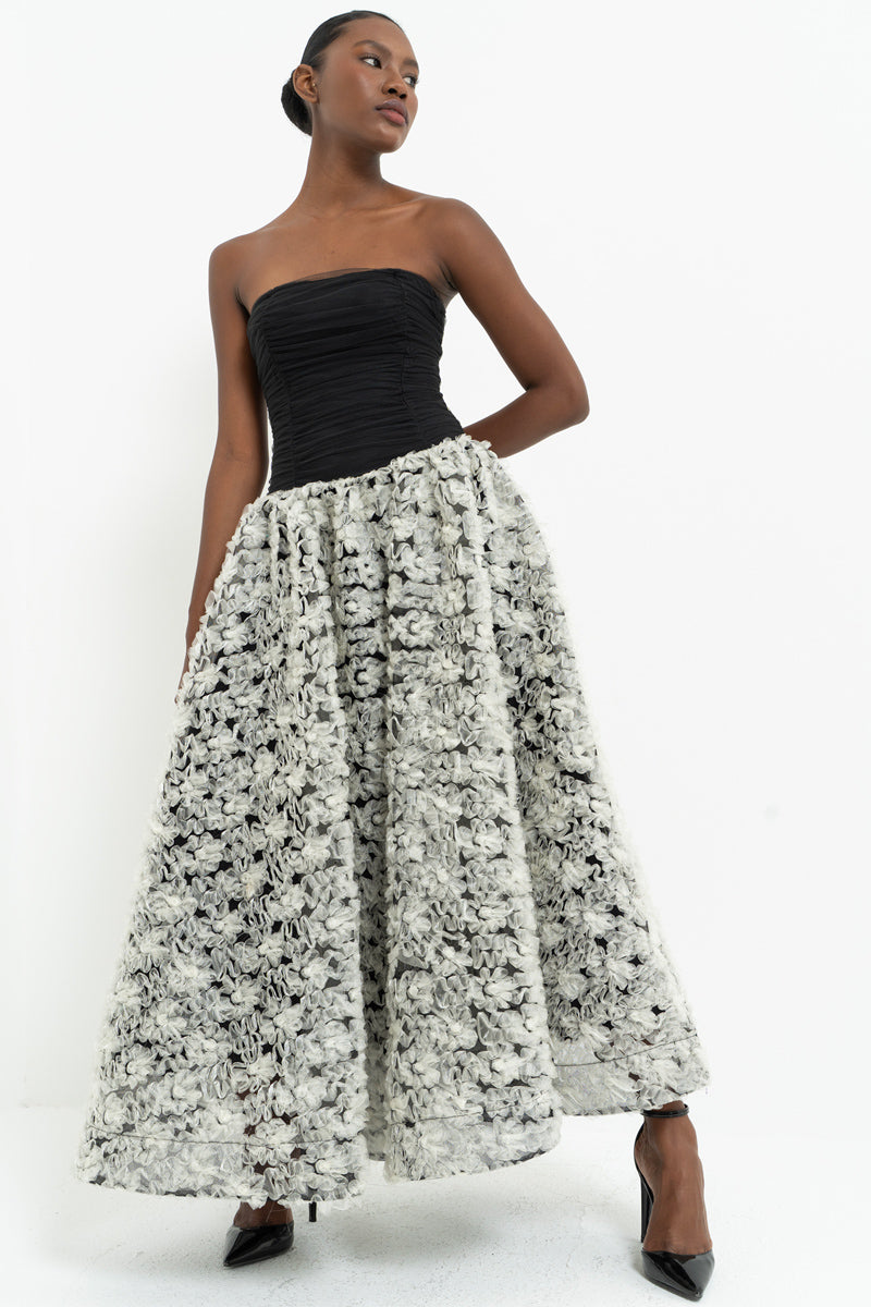 Black-Off-White Strapless Ruched Maxi Dress