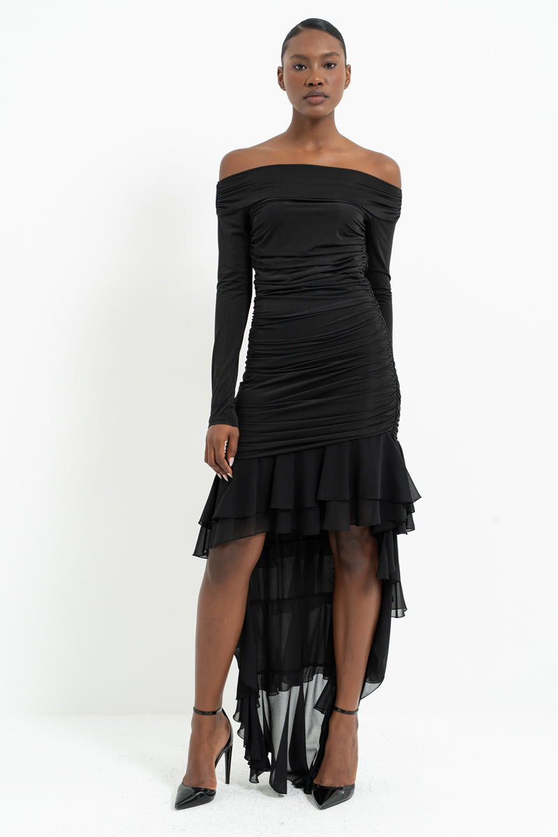 Boat Neck Long Sleeve Tiered Chiffon Dress with Side Ruching