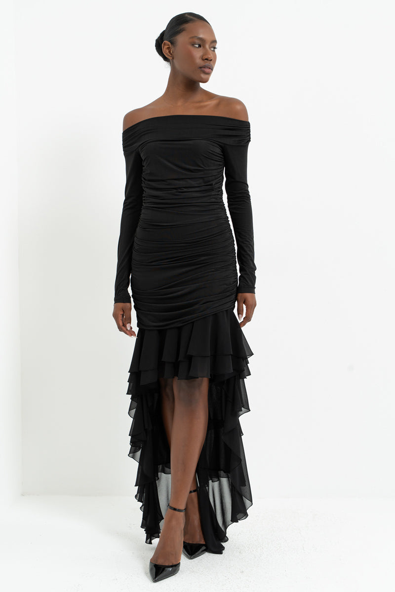 Boat Neck Long Sleeve Tiered Chiffon Dress with Side Ruching