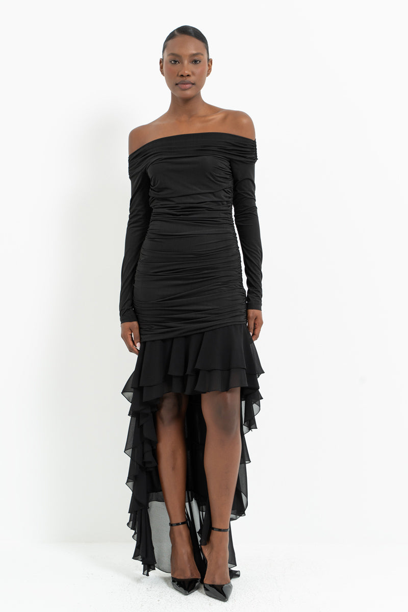 Boat Neck Long Sleeve Tiered Chiffon Dress with Side Ruching