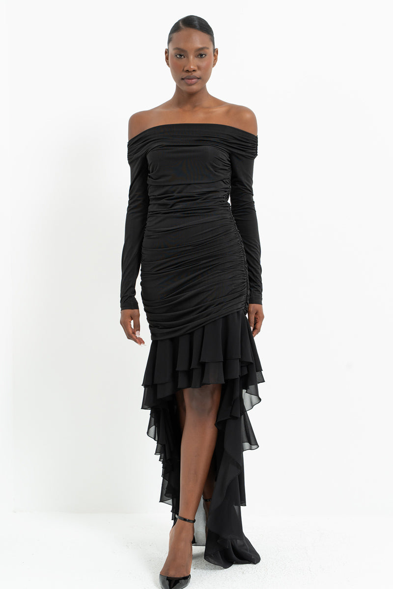 Boat Neck Long Sleeve Tiered Chiffon Dress with Side Ruching