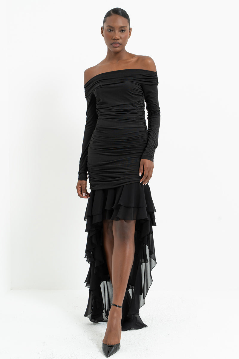 Boat Neck Long Sleeve Tiered Chiffon Dress with Side Ruching