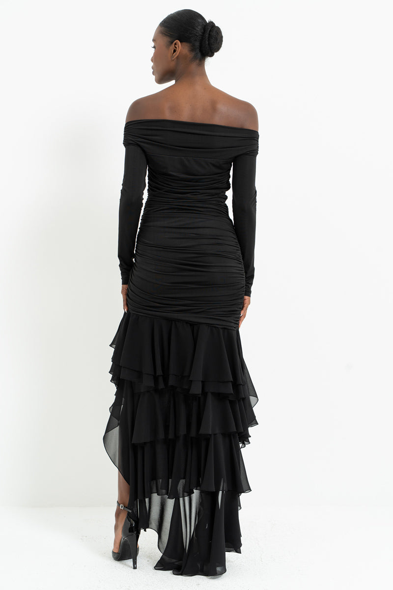 Boat Neck Long Sleeve Tiered Chiffon Dress with Side Ruching
