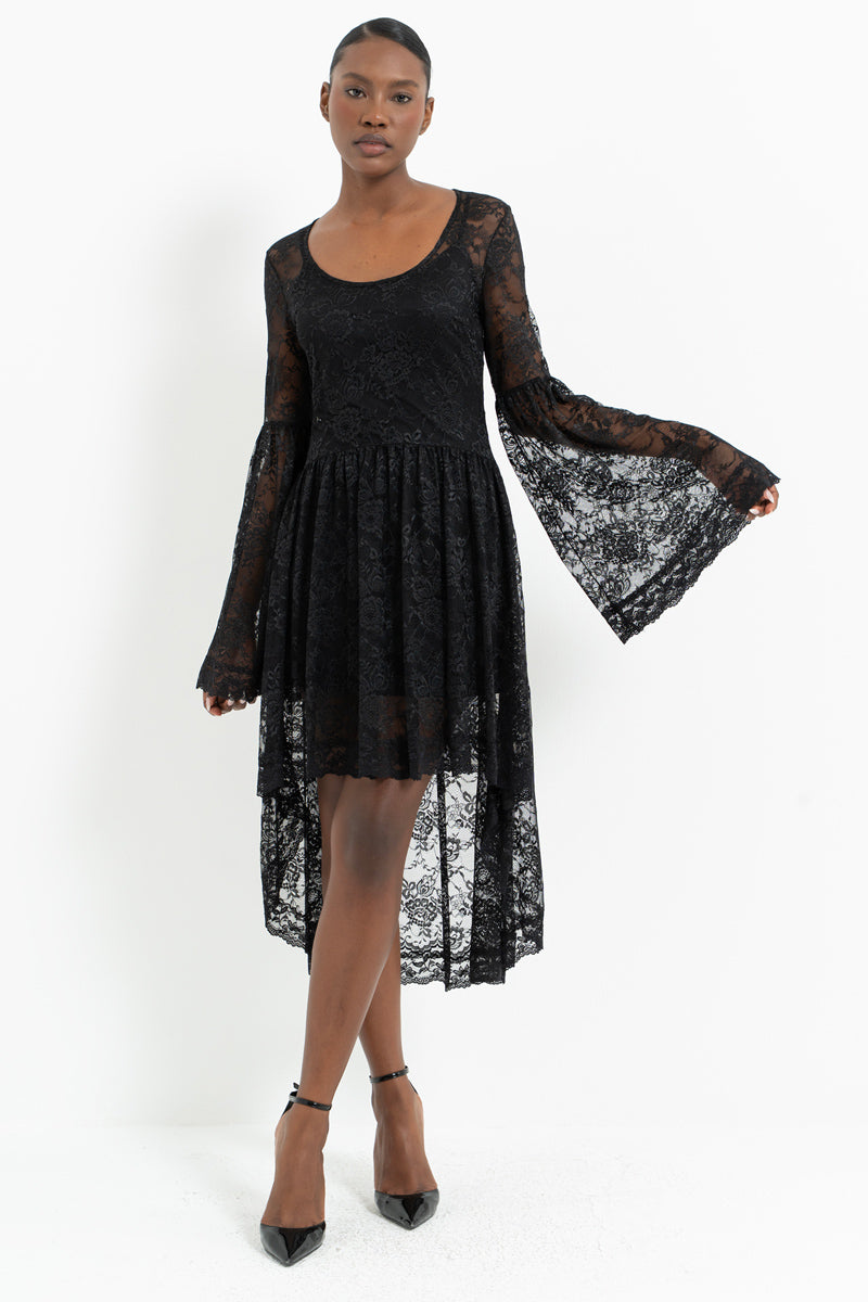 Long Sleeve Lace Dress with Ruched Asymmetric Hem and Separate Lining