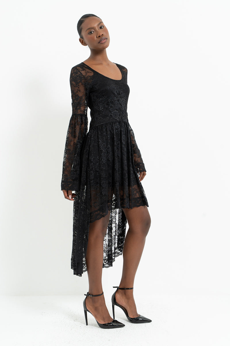 Long Sleeve Lace Dress with Ruched Asymmetric Hem and Separate Lining