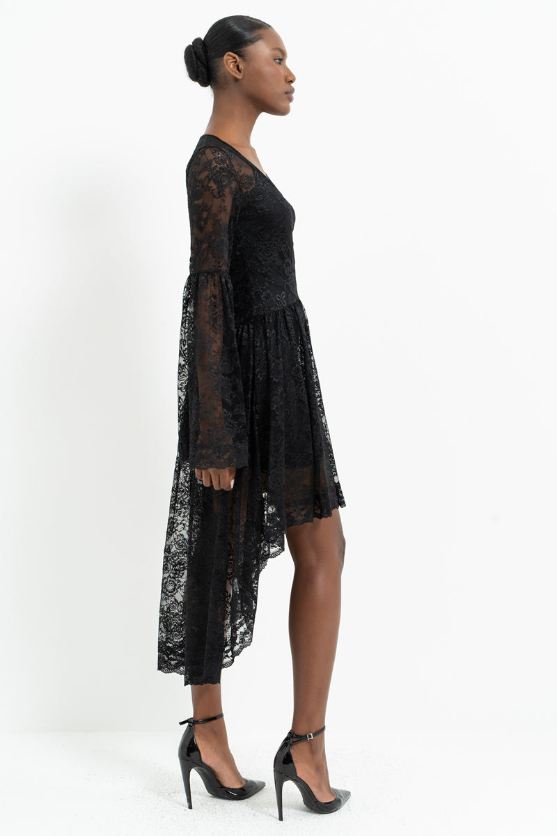 Long Sleeve Lace Dress with Ruched Asymmetric Hem and Separate Lining