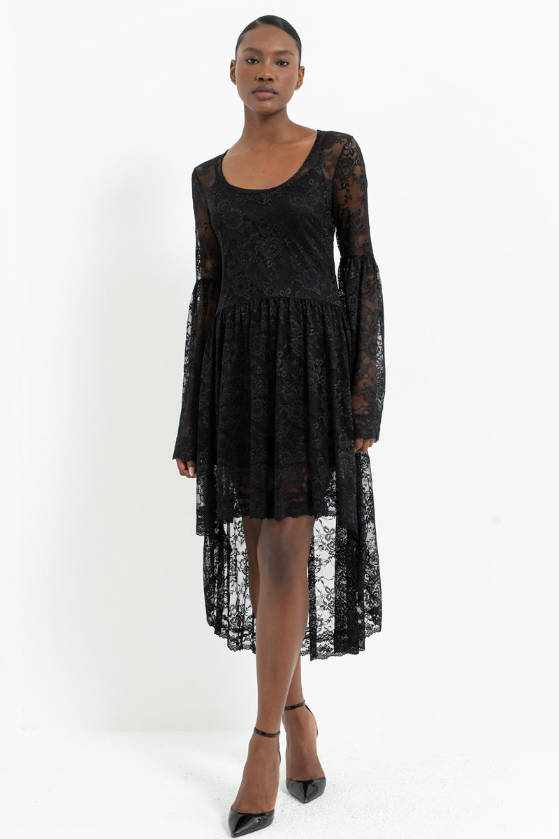 Long Sleeve Lace Dress with Ruched Asymmetric Hem and Separate Lining