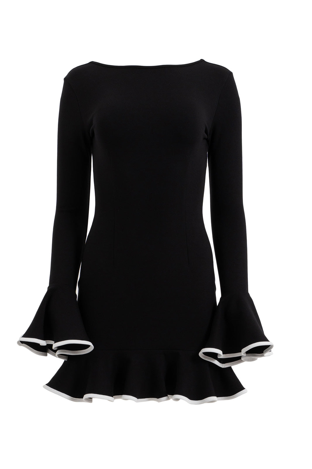 Long Sleeve Mini Dress with Back Cut-Out, Ruffle Hem and Cuffs, and Contrast Binding