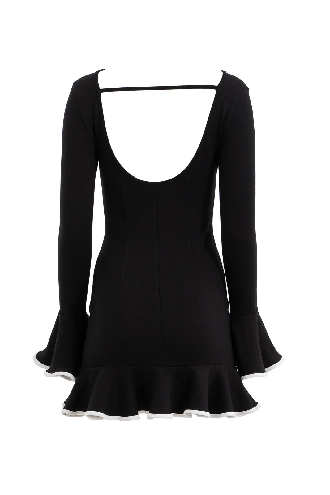 Long Sleeve Mini Dress with Back Cut-Out, Ruffle Hem and Cuffs, and Contrast Binding