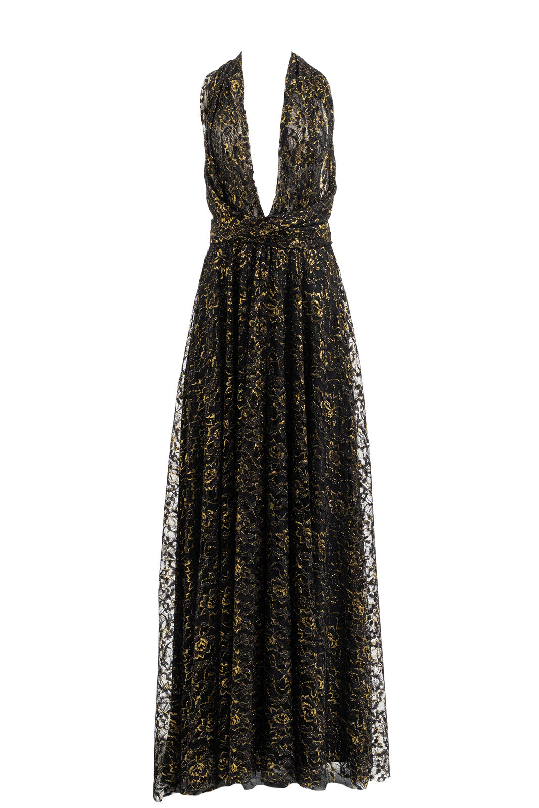 Halter Neck Floral-Patterned Gold-Black Maxi Dress with Partial Lining