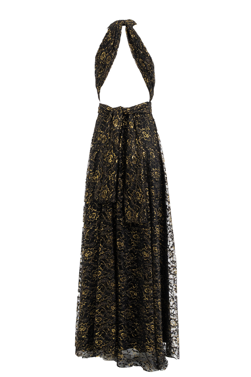 Halter Neck Floral-Patterned Gold-Black Maxi Dress with Partial Lining
