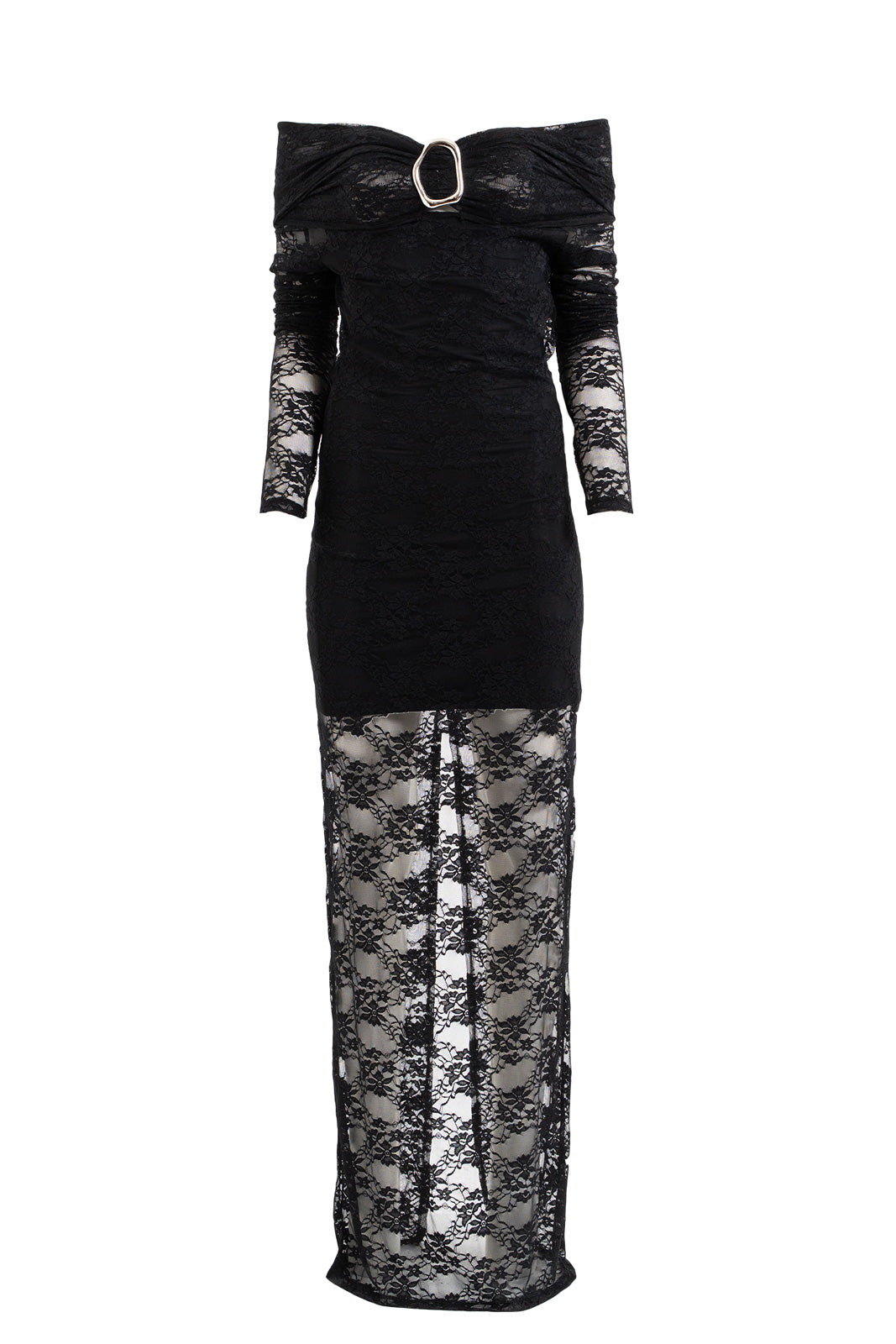 Boat Neck Long Sleeve Slit Lace Maxi Dress with Partial Lining
