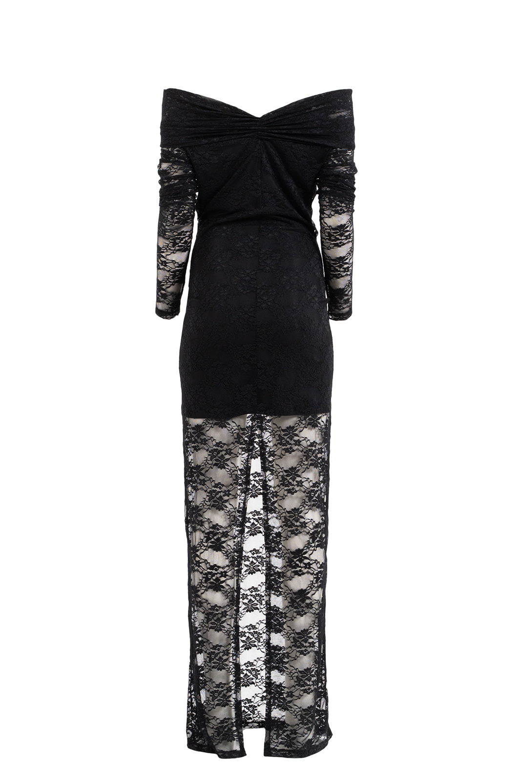 Boat Neck Long Sleeve Slit Lace Maxi Dress with Partial Lining