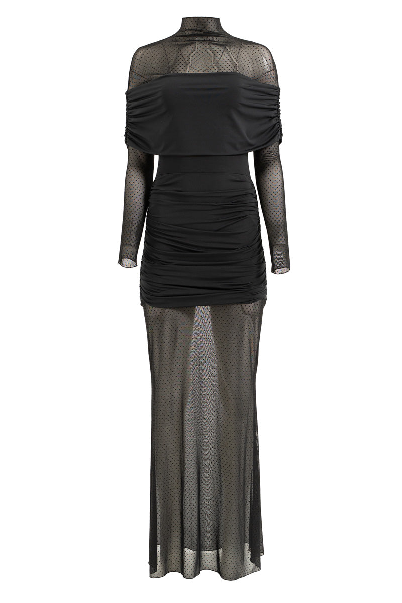 Turtleneck Long Sleeve Mini Dress with Ruched Tulle Details