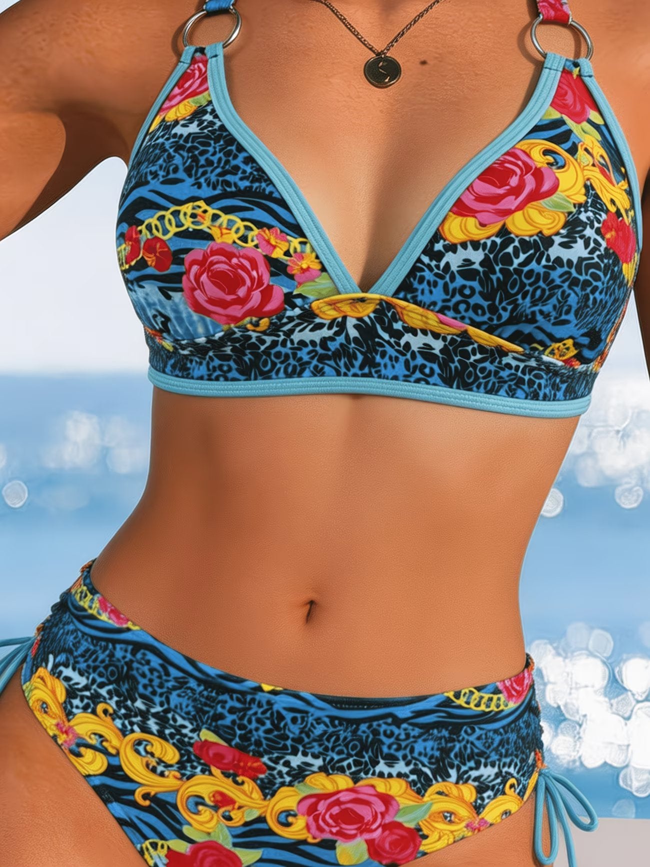 Blue Rose Baroque Ring Halter Bikini Set