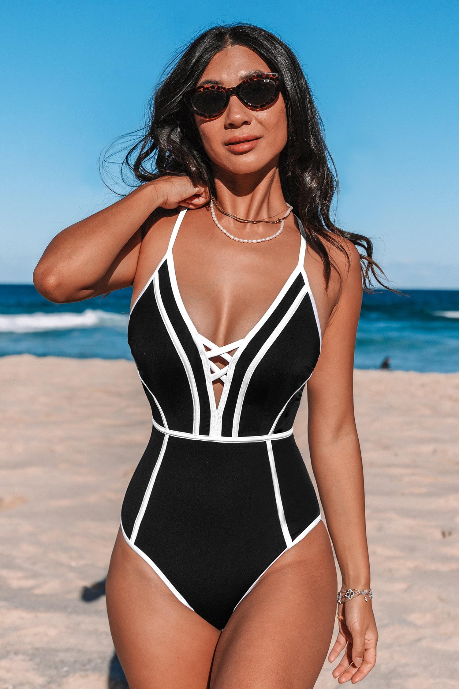 Plunge Neck Crossback Slim & Sculpt One-Piece Swimsuit